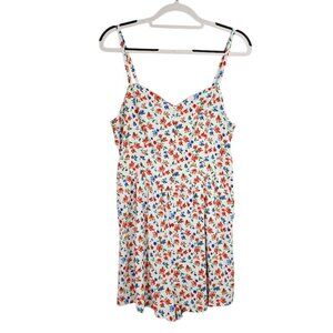 OLD NAVY Linen Romper Shorts WHITE BLUE RED GREEN FLORAL size L Smocked Pockets